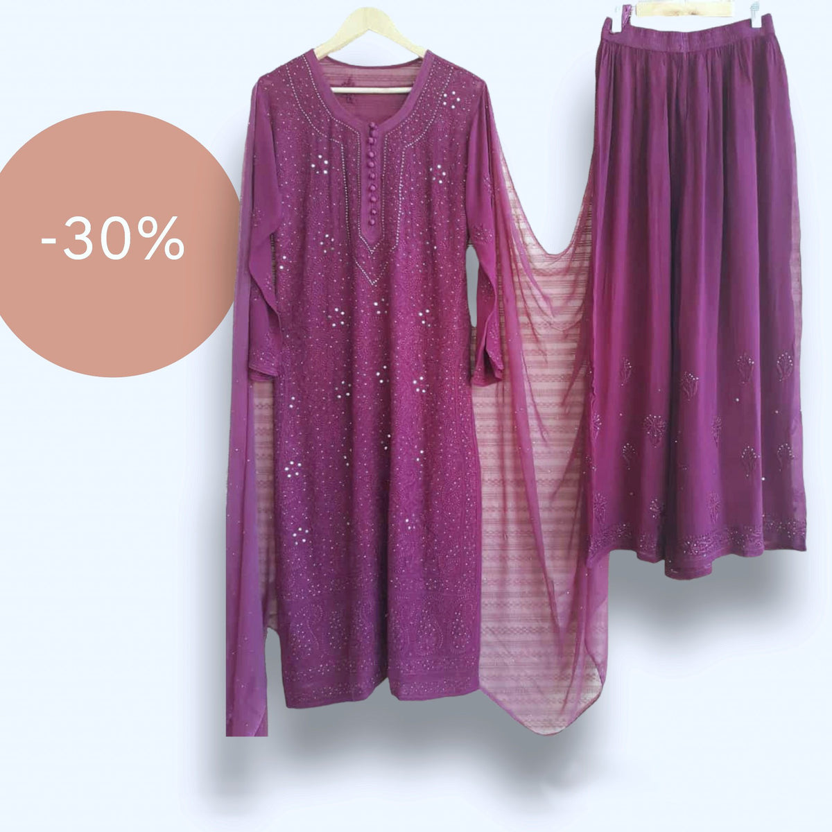 Yellow premium georgette 3-piece set with unique plazzos design from LVW Fashion Luxurious Chikankari, featuring intricate detailing.