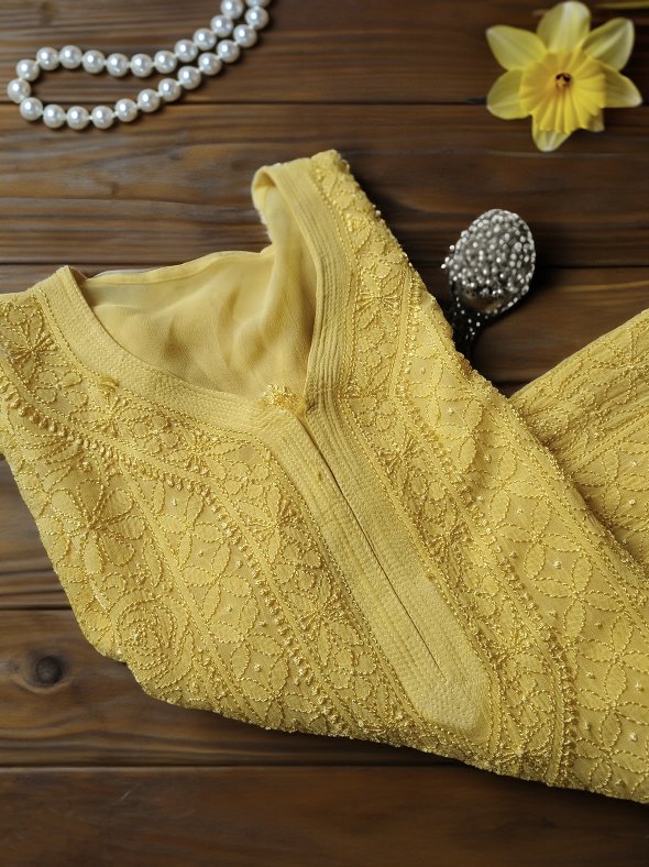 Yellow premium georgette Resham Chikankari kurti with inner, featuring intricate embroidery and a comfortable fit by LVW Fashion.