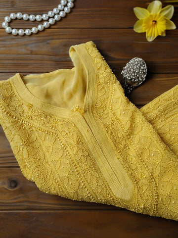 Yellow premium georgette Resham Chikankari kurti with inner, featuring intricate embroidery and a comfortable fit by LVW Fashion.