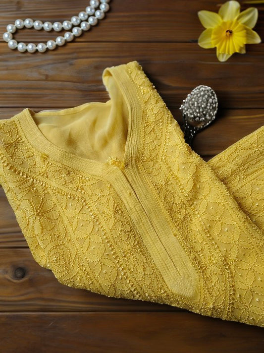Yellow premium georgette Resham Chikankari kurti with inner, featuring intricate embroidery and a comfortable fit by LVW Fashion.