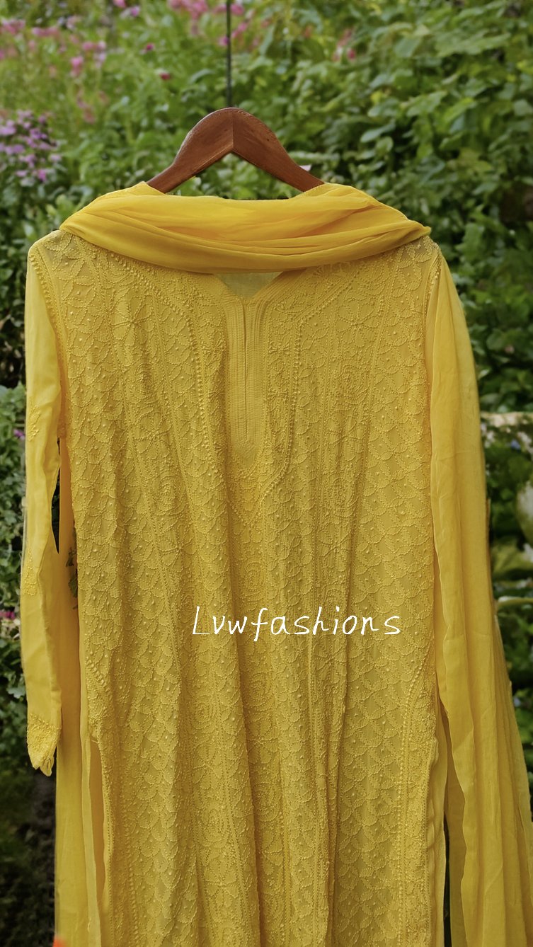 Yellow premium georgette Chikankari Kurti by LVW Fashion with Resham embroidery and inner lining, showcasing intricate craftsmanship.