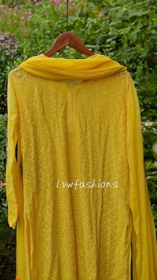 Yellow premium georgette Chikankari Kurti by LVW Fashion with Resham embroidery and inner lining, showcasing intricate craftsmanship.