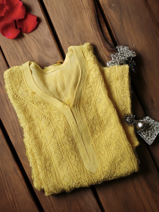 Yellow premium georgette Chikankari kurti with Resham embroidery and inner lining, by LVW Fashion Luxurious Chikankari.