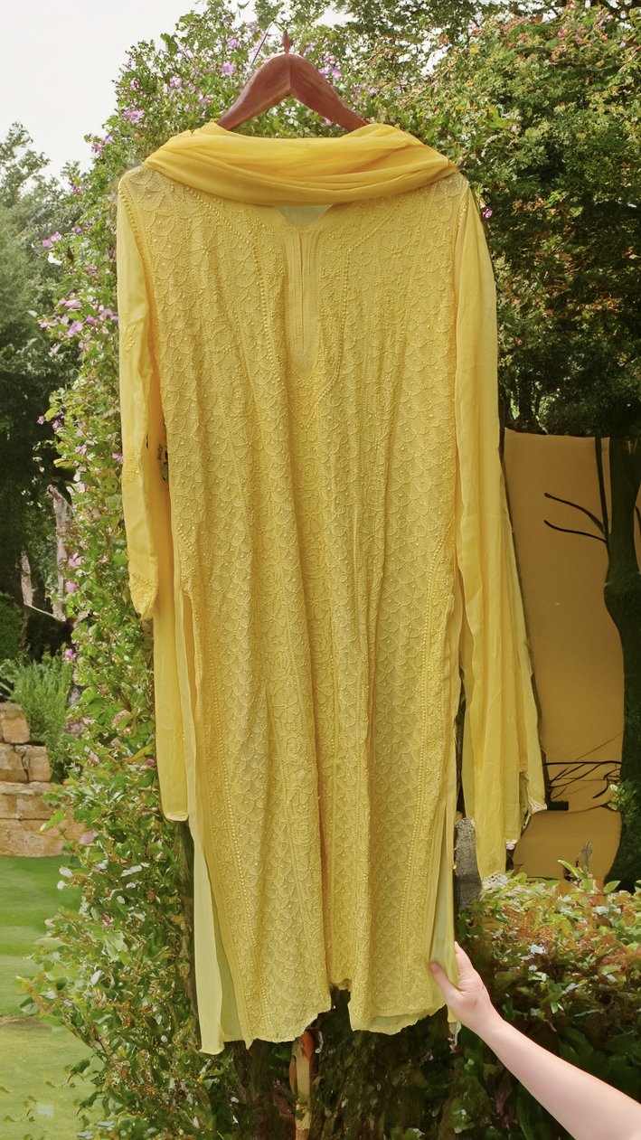 Yellow premium georgette Resham Chikankari Kurti with inner, luxurious LVW Fashion Chikankari embroidery, lightweight and elegant.