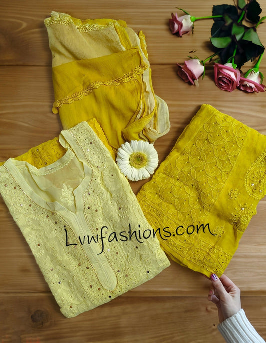Zena Yellow premium georgette Chikankari sharara set by LVW Fashion, featuring intricate embroidery and flowing fabric.