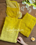 Zena Yellow premium georgette Chikankari Sharara set by LVW Fashion, featuring intricate embroidery and flowing fabric.