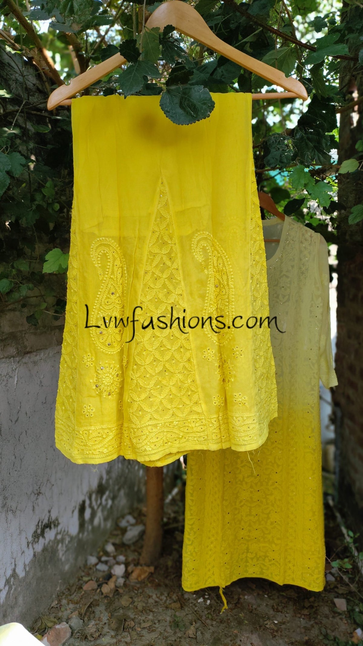 Zena yellow premium georgette Chikankari sharara set with intricate embroidery, by LVW Fashion Luxurious Chikankari.