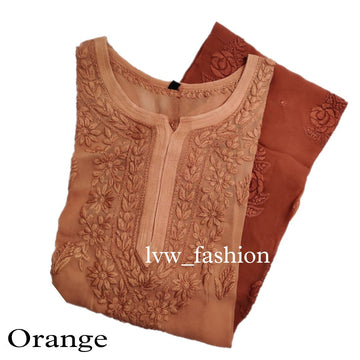 Yellow premium georgette long kurta with rose embroidery and inner, by LVW Fashion Luxurious Chikankari.