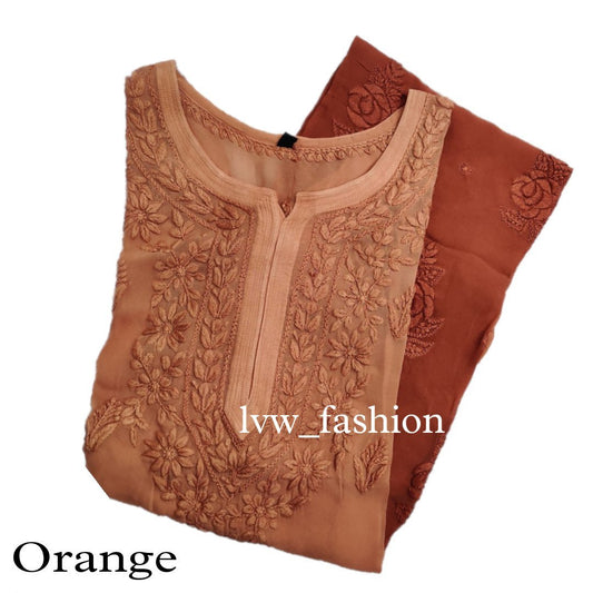 Yellow premium georgette long kurta with rose embroidery and inner, by LVW Fashion Luxurious Chikankari.