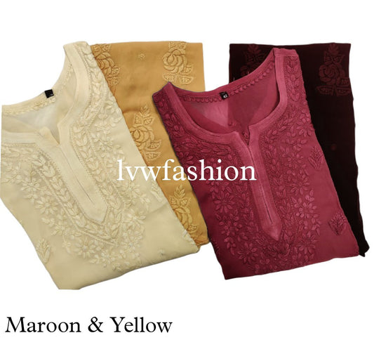 Yellow premium Georgette long kurta with rose embroidery and inner, by LVW Fashion Luxurious Chikankari.