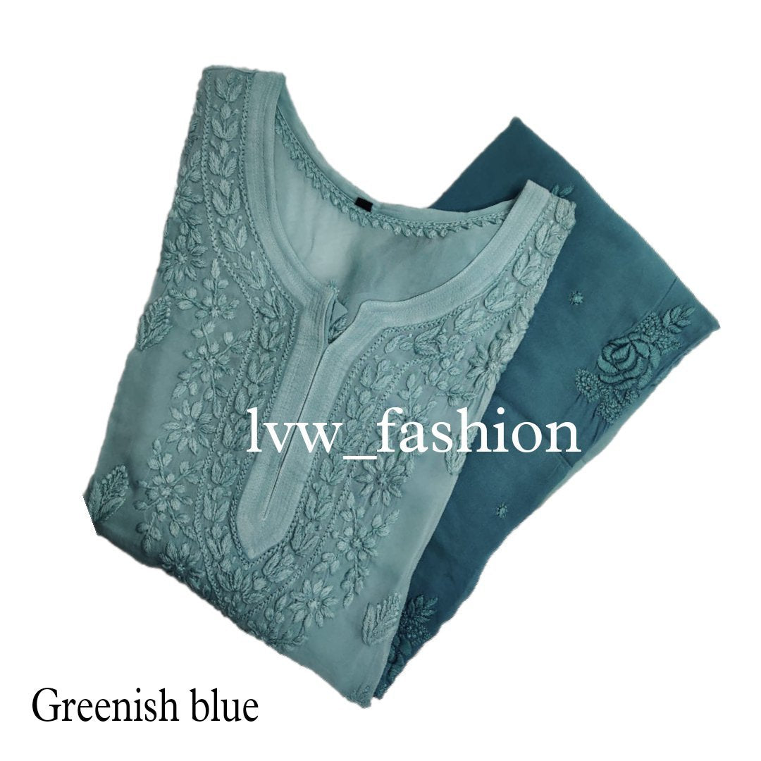 Yellow premium georgette long kurta with rose embroidery and inner, by LVW Fashion Luxurious Chikankari.