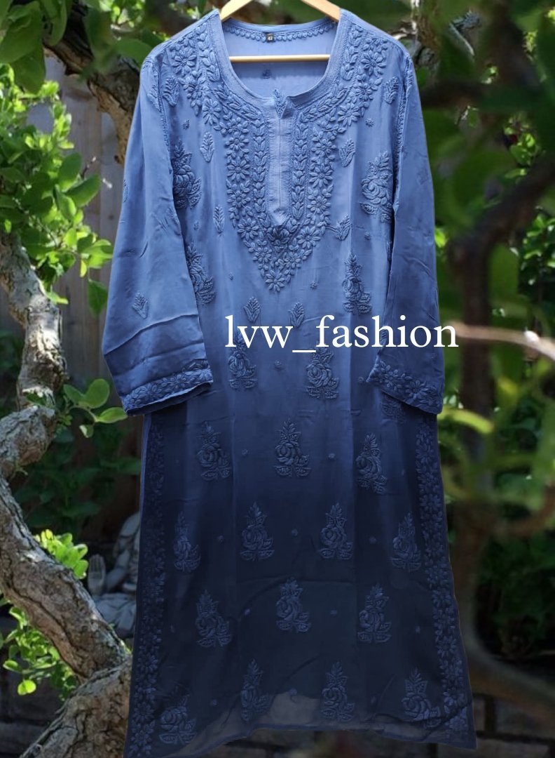 Yellow premium georgette long kurta with rose embroidery and inner from LVW Fashion Luxurious Chikankari.