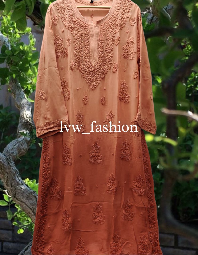 Yellow premium georgette long kurta with intricate rose embroidery and inner lining, by LVW Fashion Luxurious Chikankari.