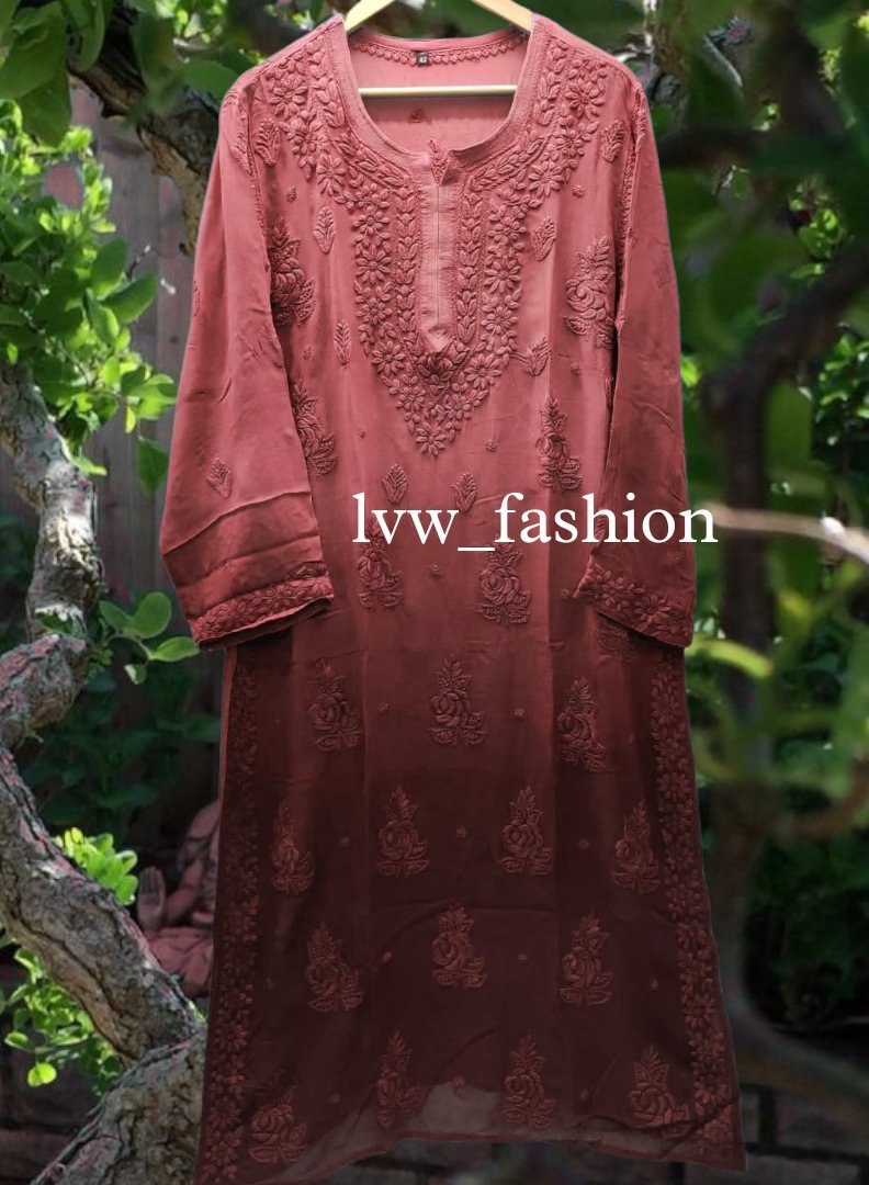 Yellow premium georgette long kurta with rose embroidery and inner, by LVW Fashion Luxurious Chikankari.