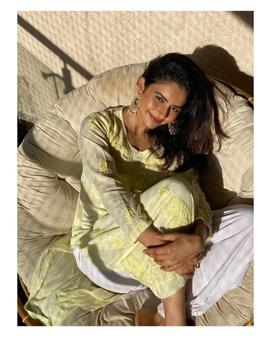 Celebrity-inspired LVW Fashion luxe georgette kurta with intricate chikankari embroidery and matching slip, elegant and stylish.