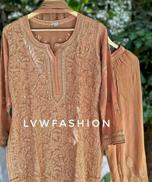 Powder Brown Premium Georgette 3 Piece Set With Chikankari