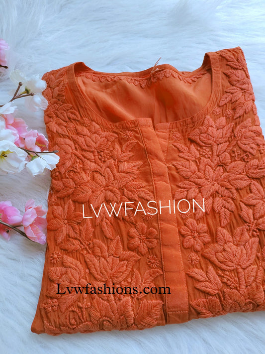 'Neer' Orange Cooper Crepe Silk Long Kurta With Slip