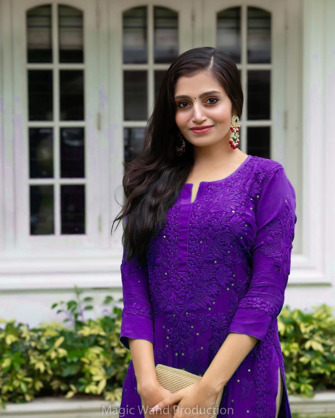 Celebrity Inspired Pure Bringle Purple Long Kurta With Chikankari & Kamdani Tikki