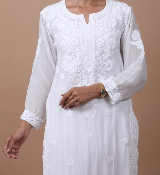 Beautiful White Crepe Silk Long Kurta With Slip & 3D Chikankari Embroidery