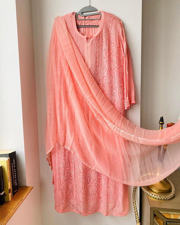 Peach Premium Georgette 3 Piece Set of chikankari