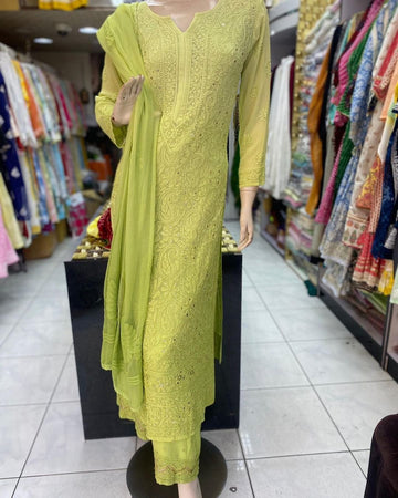 In 4 Colours Premium Georgette Heavy Kamdani Chikankari 3 Piece Set