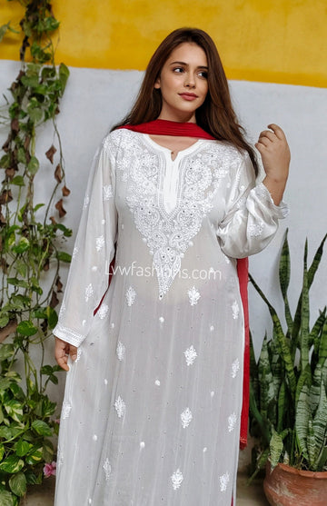 "Roohi" Beautiful White Red Combination Two Piece Of Kurta Dupatta With Slip
