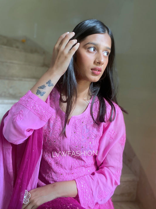 Pinkish Premium Georgette 3 Piece Set With Silk Inner