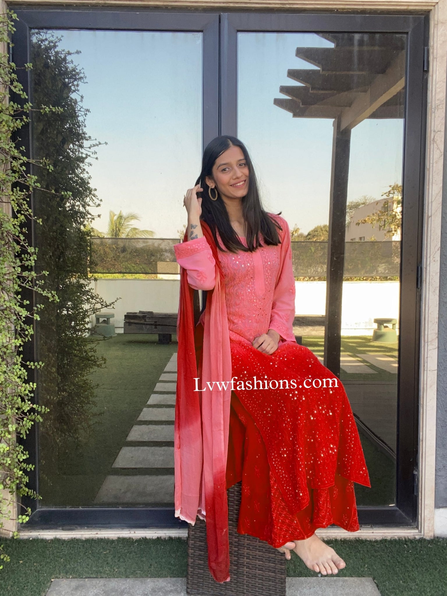 Cherry Red Premium Georgette 3 Piece Chikankari Set With Silk Slip